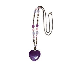 Large Purple Heart Pendant Beaded Statement Necklace Glass Gold Tone Jewelry
